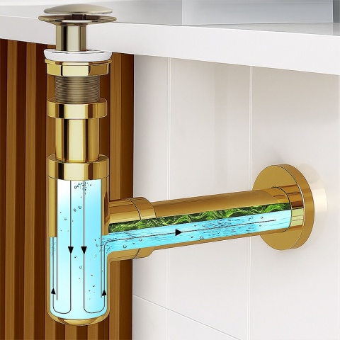 SYFON UMYWALKOWY METALOWY MIKE-GL + KOREK KLIK-KLAK ZŁOTY SZCZOTKOWANY ZESTAW