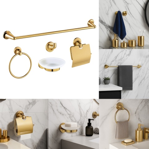 AKCESORIA ŁAZIENKOWE ZESTAW WIESZAK UCHWYT ŁAZIENKOWY RETRO 5W1 COLIN ZŁOTE