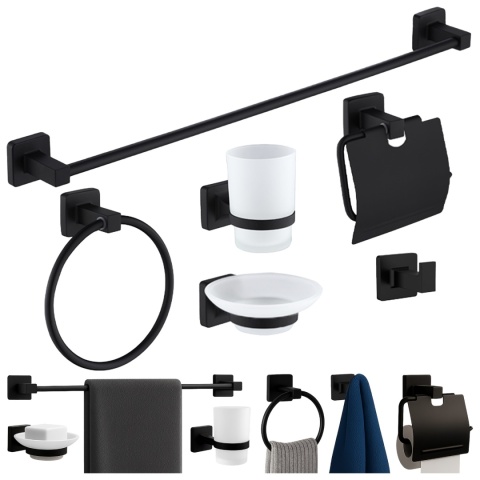 ZESTAW ŁAZIENKOWY AKCESORIA KOMPLET WIESZAK UCHWYT 6W1 DYLAN CZARNY