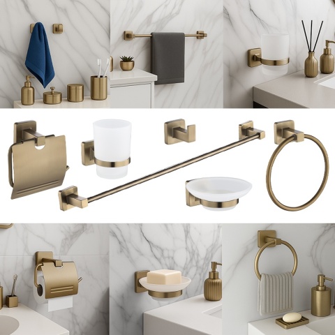 ZESTAW ŁAZIENKOWY AKCESORIA WIESZAK UCHWYT 6W1 DYLAN ZŁOTY SZCZOTKOWANY