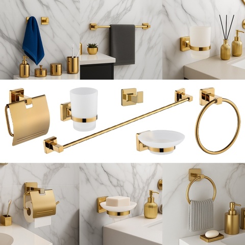 ZESTAW ŁAZIENKOWY AKCESORIA KOMPLET WIESZAK UCHWYT 6W1 DYLAN ZŁOTY