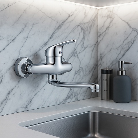 BATERIA KUCHENNA ŚCIENNA OBROTOWA DŁUGA WYLEWKA KRAN GERDA-CH CHROM