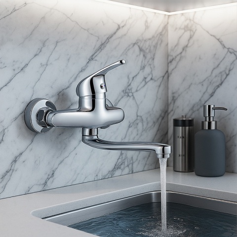 BATERIA KUCHENNA ŚCIENNA OBROTOWA DŁUGA WYLEWKA KRAN GERDA-CH CHROM