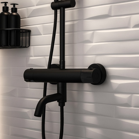 BATERIA PRYSZNICOWA Z TERMOSTATEM ŁAZIENKOWA ŚCIENNA ZESTAW INES-BL CZARNA