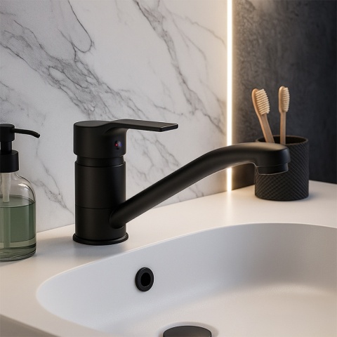 BATERIA UMYWALKOWA ŁAZIENKOWA STOJĄCA DŁUGA WYLEWKA RUCHOMY KRAN SIA CZARNA