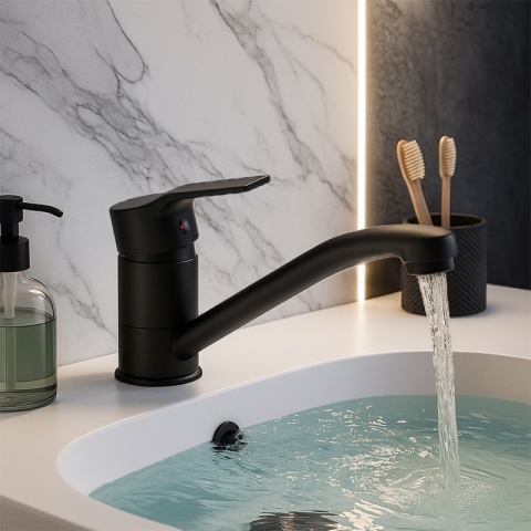 BATERIA UMYWALKOWA ŁAZIENKOWA STOJĄCA DŁUGA WYLEWKA RUCHOMY KRAN SIA CZARNA