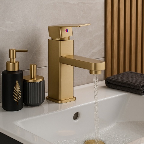 BATERIA UMYWALKOWA ŁAZIENKOWA STOJĄCA NABLATOWA NISKA LANA ZŁOTA SZCZOTKOWANA