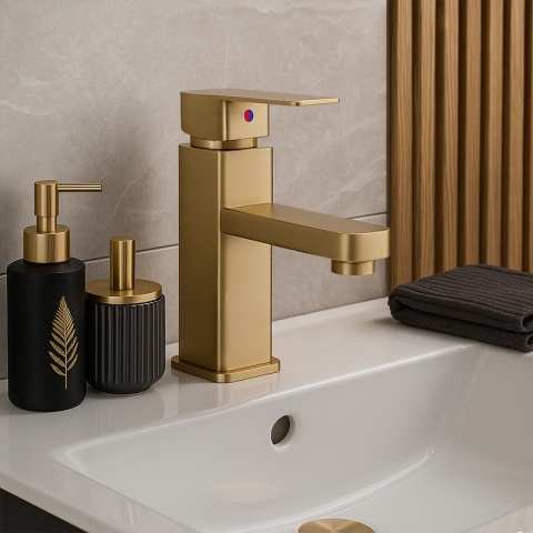 BATERIA UMYWALKOWA ŁAZIENKOWA STOJĄCA NABLATOWA NISKA LANA ZŁOTA SZCZOTKOWANA