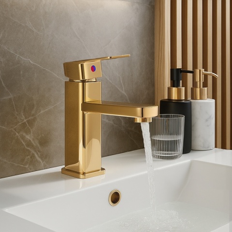 BATERIA UMYWALKOWA ŁAZIENKOWA STOJĄCA NABLATOWA NISKA LANA ZŁOTA