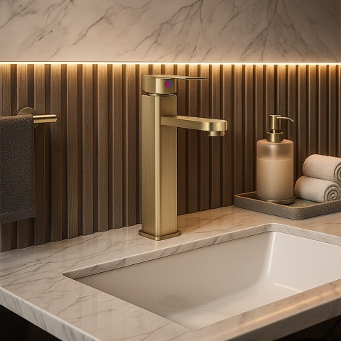 BATERIA UMYWALKOWA ŁAZIENKOWA STOJĄCA NABLATOWA WYSOKA LANAH ZŁOTA SZCZOTKOWANA