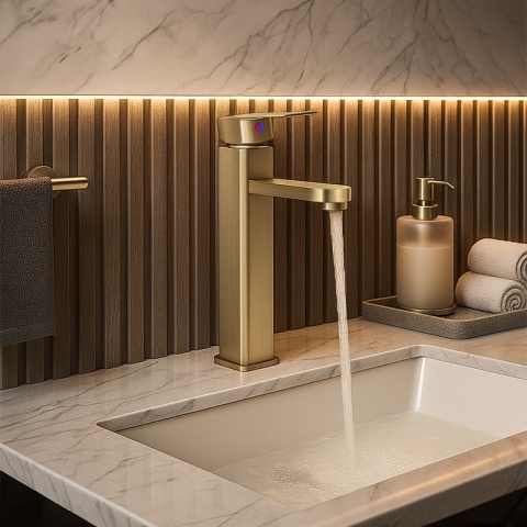 BATERIA UMYWALKOWA ŁAZIENKOWA STOJĄCA NABLATOWA WYSOKA LANAH ZŁOTA SZCZOTKOWANA