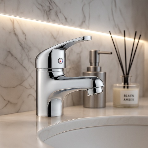 BATERIA UMYWALKOWA NABLATOWA ŁAZIENKOWA NISKA STOJĄCA KRAN TONI CHROM