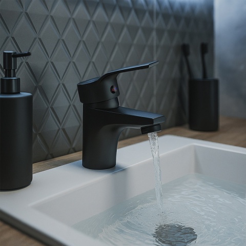BATERIA UMYWALKOWA NABLATOWA ŁAZIENKOWA NISKA STOJĄCA KRAN ULA CZARNA