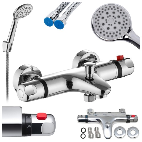 BATERIA PRYSZNICOWA Z TERMOSTATEM ŚCIENNA ŁAZIENKOWA NATRYSKOWA T205 CHROM