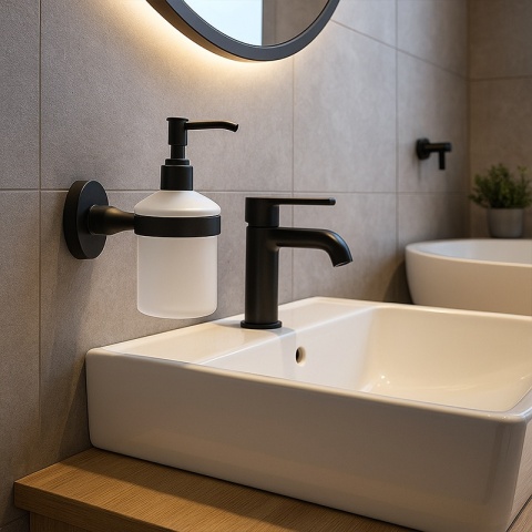 DOZOWNIK DO MYDŁA POJEMNIK NA ŚCIANĘ WISZĄCY SZKLANY LIANA-BL CZARNY MAT