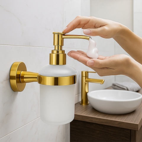 DOZOWNIK DO MYDŁA POJEMNIK NA ŚCIANĘ WISZĄCY SZKLANY LIANA-GL ZŁOTY