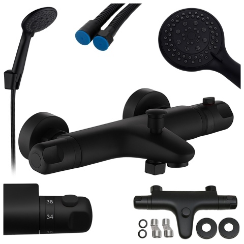 BATERIA PRYSZNICOWA Z TERMOSTATEM ŚCIENNA ŁAZIENKOWA NATRYSKOWA T205 CZARNA