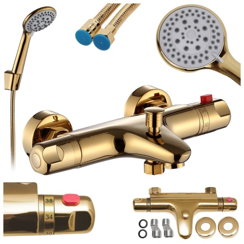 BATERIA PRYSZNICOWA Z TERMOSTATEM ŚCIENNA ŁAZIENKOWA NATRYSKOWA T205 ZŁOTA