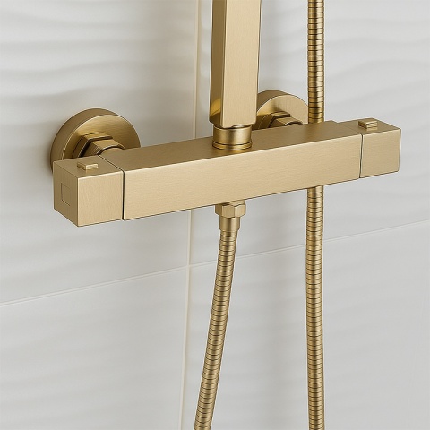 BATERIA PRYSZNICOWA Z TERMOSTATEM ŚCIENNA ŁAZIENKOWA ZŁOTA SZCZOTKOWANA