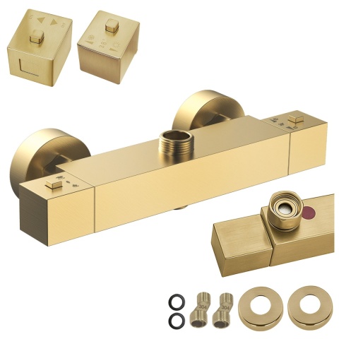 BATERIA PRYSZNICOWA Z TERMOSTATEM ŚCIENNA ŁAZIENKOWA ZŁOTA SZCZOTKOWANA