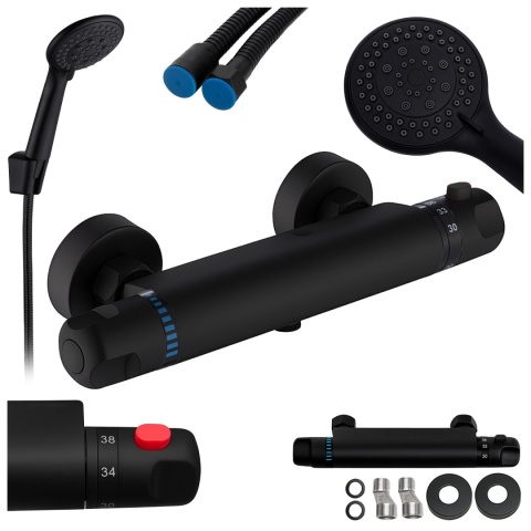 BATERIA PRYSZNICOWA Z TERMOSTATEM ŚCIENNA ŁAZIENKOWA NATRYSKOWA T201 CZARNA