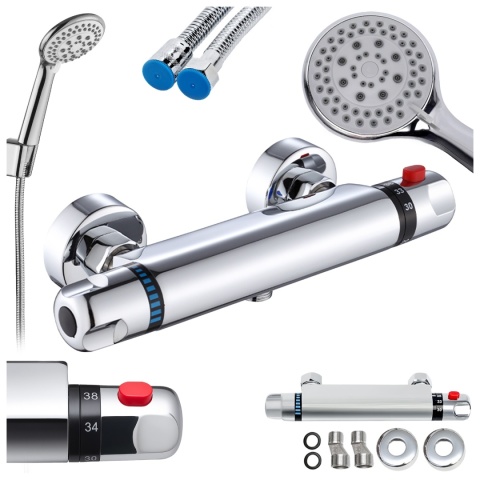 BATERIA PRYSZNICOWA Z TERMOSTATEM ŚCIENNA ŁAZIENKOWA NATRYSKOWA T201 CHROM