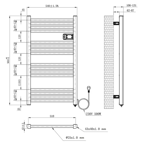 GRZEJNIK ŁAZIENKOWY ELEKTRYCZNY ALUMINIOWY DRABINKA 96x54 500W LOA CZARNY