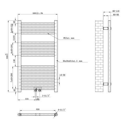 GRZEJNIK ŁAZIENKOWY ŚCIENNY PIONOWY WODNY DRABINKA 90x50 CORSO-BL-2 CZARNY
