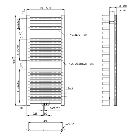 GRZEJNIK ŁAZIENKOWY ŚCIENNY PIONOWY WODNY DRABINKA 120x50 GAMA-BL-2 CZARNY