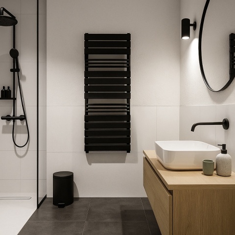 GRZEJNIK ŁAZIENKOWY ŚCIENNY PIONOWY WODNY DRABINKA 128x50 FUEGO-BL CZARNY