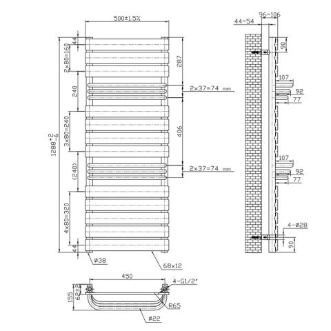 GRZEJNIK ŁAZIENKOWY ŚCIENNY PIONOWY WODNY DRABINKA 128x50 FUEGO-BL CZARNY