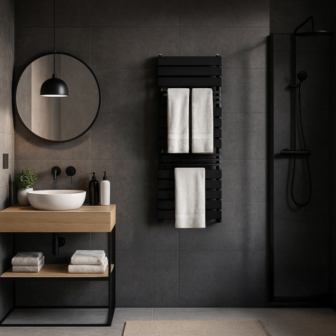 GRZEJNIK ŁAZIENKOWY ŚCIENNY PIONOWY WODNY DRABINKA 128x50 FUEGO-BL CZARNY