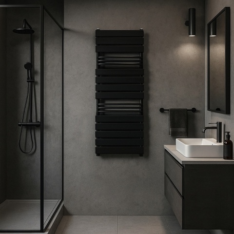 GRZEJNIK ŁAZIENKOWY ŚCIENNY PIONOWY WODNY DRABINKA 128x50 FUEGO-BL CZARNY