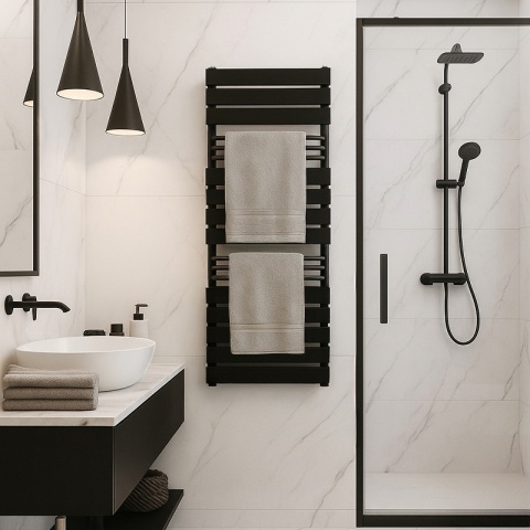 GRZEJNIK ŁAZIENKOWY ŚCIENNY PIONOWY WODNY DRABINKA 128x50 FUEGO-BL CZARNY