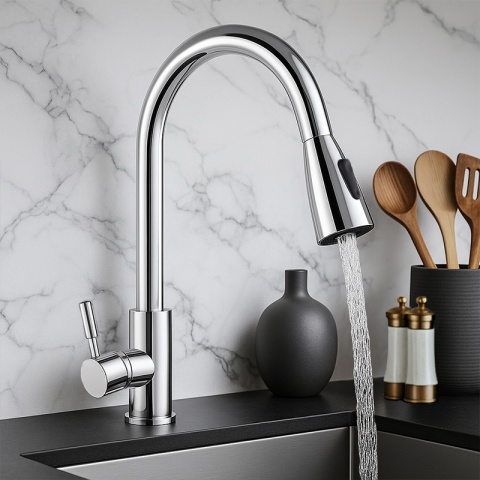 BATERIA KUCHENNA Z WYCIĄGANĄ WYLEWKĄ STOJĄCA NABLATOWA CHROM SELENA