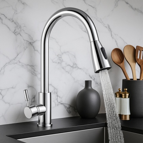 BATERIA KUCHENNA Z WYCIĄGANĄ WYLEWKĄ STOJĄCA NABLATOWA CHROM SELENA