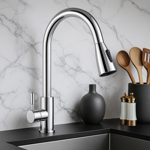 BATERIA KUCHENNA Z WYCIĄGANĄ WYLEWKĄ STOJĄCA NABLATOWA CHROM SELENA