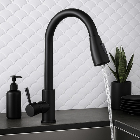 BATERIA KUCHENNA Z WYCIĄGANĄ WYLEWKĄ STOJĄCA NABLATOWA CZARNA SELENA