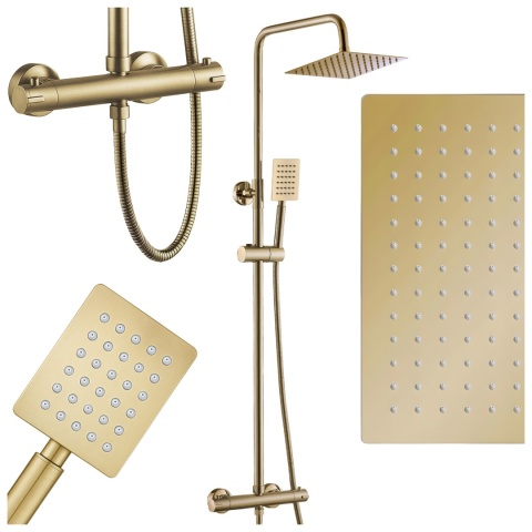 BATERIA PRYSZNICOWA Z TERMOSTATEM DESZCZOWNICĄ T151 ZŁOTA SZCZOTKOWANA