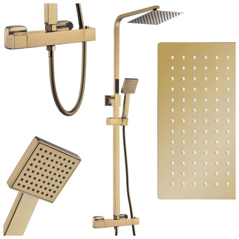 BATERIA PRYSZNICOWA Z TERMOSTATEM DESZCZOWNICĄ T153 ZŁOTA SZCZOTKOWANA