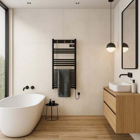 GRZEJNIK ŁAZIENKOWY ELEKTRYCZNY ALUMINIOWY DRABINKA ECO 500W Z WIESZAKAMI