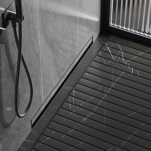 ODPŁYW LINIOWY ŚCIENNY 90 CM CZARNY NISKI SYFON WYSOKA PRZEPUSTOWOŚĆ DL09