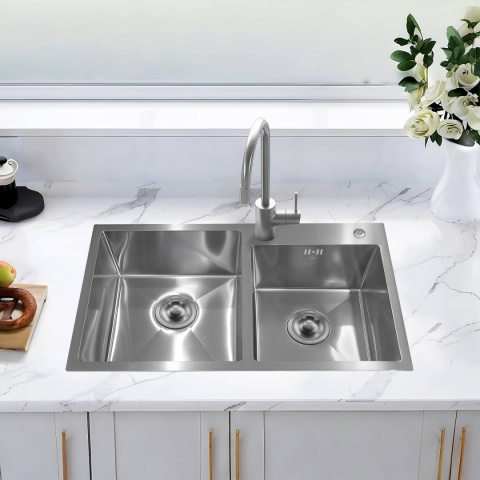 ZLEW KUCHENNY ZLEWOZMYWAK DWUKOMOROWY STALOWY INOX VISTA-CH-75X45 DOZOWNIK SYFON UCHWYTY