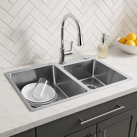 ZLEW KUCHENNY ZLEWOZMYWAK DWUKOMOROWY STALOWY INOX VISTA-CH-78X43 DOZOWNIK SYFON UCHWYTY