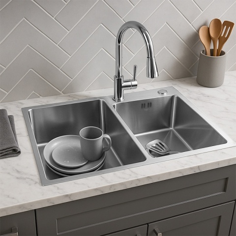 ZLEW KUCHENNY ZLEWOZMYWAK DWUKOMOROWY STALOWY INOX VISTA-CH-78X43 DOZOWNIK SYFON UCHWYTY