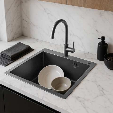 ZLEW KUCHENNY ZLEWOZMYWAK JEDNOKOMOROWY STALOWY GRAFITOWY ALOR-BL-50X45 DOZOWNIK SYFON UCHWYTY