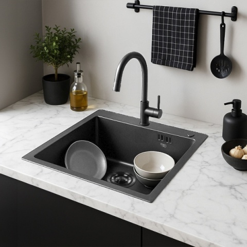 ZLEW KUCHENNY ZLEWOZMYWAK JEDNOKOMOROWY STALOWY GRAFITOWY ALOR-BL-50X45 DOZOWNIK SYFON UCHWYTY