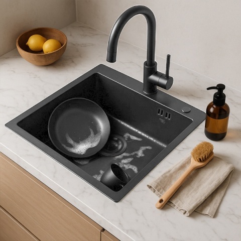 ZLEW KUCHENNY ZLEWOZMYWAK JEDNOKOMOROWY STALOWY GRAFITOWY ALOR-BL-50X50 DOZOWNIK SYFON UCHWYTY