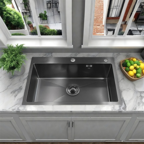 ZLEW KUCHENNY ZLEWOZMYWAK JEDNOKOMOROWY STALOWY GRAFITOWY ALOR-BL-68X45 DOZOWNIK SYFON UCHWYTY