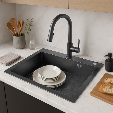 ZLEW KUCHENNY ZLEWOZMYWAK JEDNOKOMOROWY STALOWY GRAFITOWY ALOR-BL-68X45 DOZOWNIK SYFON UCHWYTY